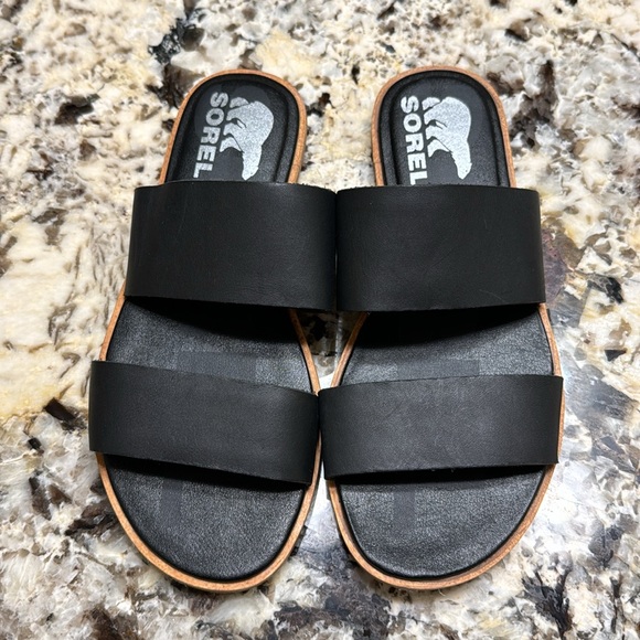 Sorel Black Leather Double Strap Ella II Slide Sandals Size 5 - Picture 4 of 5